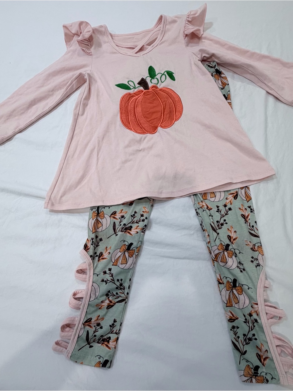 Girls Boutique Pink Pumpkin Outfit Sage Floral Legging Set Size 4-5 3XL Fall